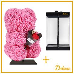 Beer DELUXE auf Ständer 25 cm – Rosa Schaumstoff  mit Blumenstrauß – in luxuriöser Geschenkverpackung 25 cm