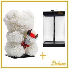 Beer DELUXE auf Ständer 25 cm – Weiß Schaumstoff mit Blumenstrauß – in luxuriöser Geschenkverpackung 25 cm