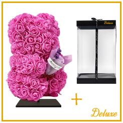 Beer DELUXE auf Ständer 25 cm – Fuchsia Schaumstoff mit Blumenstrauß – in luxuriöser Geschenkverpackung 25 cm
