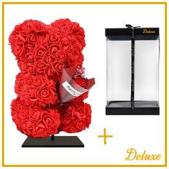 Beer DELUXE auf Ständer 25 cm – Rot Schaumstoff mit Blumenstrauß – in luxuriöser Geschenkverpackung 25 cm