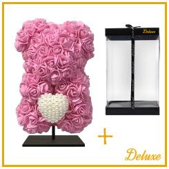 Beer DELUXE auf Ständer 25 cm - Fuchsia-Rosa Schaumstoff mit Diamantherz - in luxuriöser Geschenkverpackung 25 cm